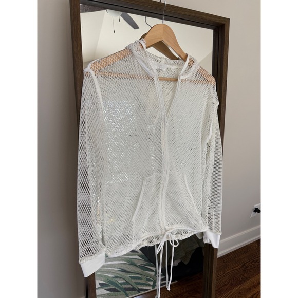 Tribe Kelley White Fish Net Goth Hoodie Cover Up Drawstring Athleisure Travel S - Picture 1 of 7